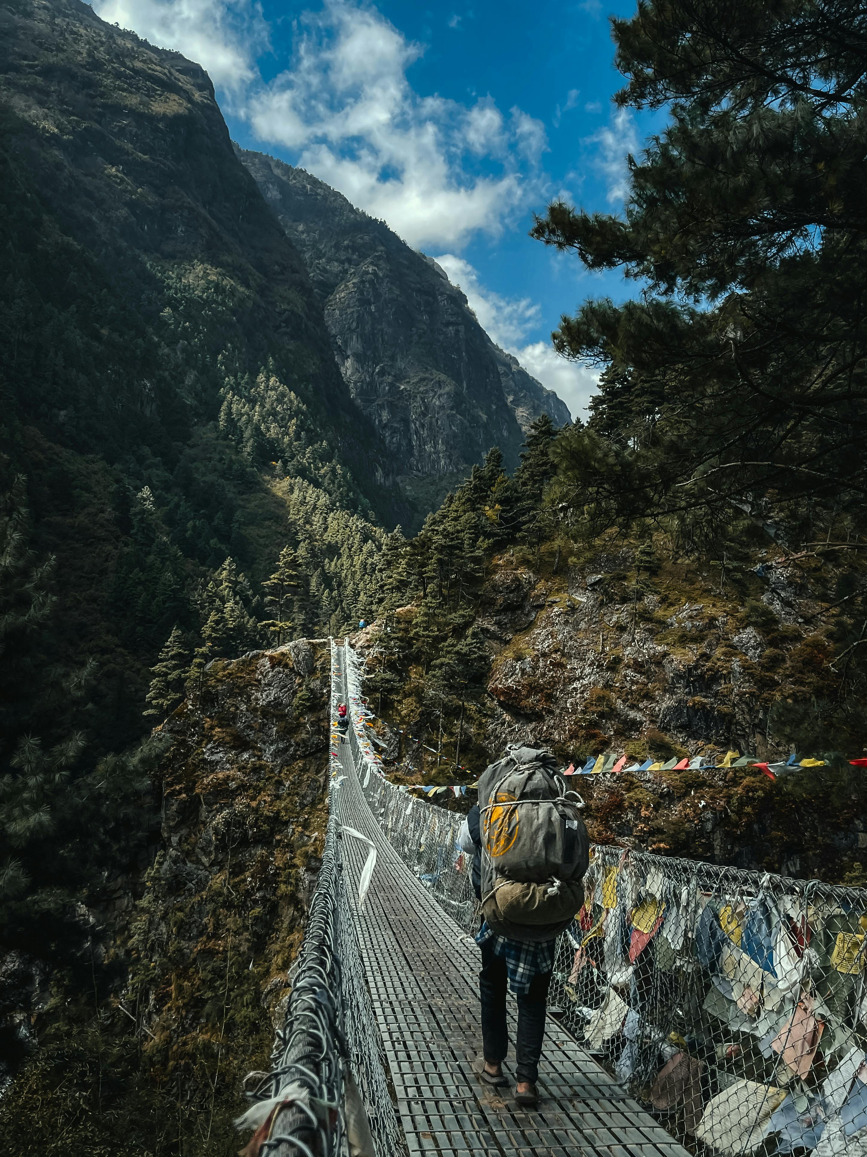 crossing a suspension bridge
